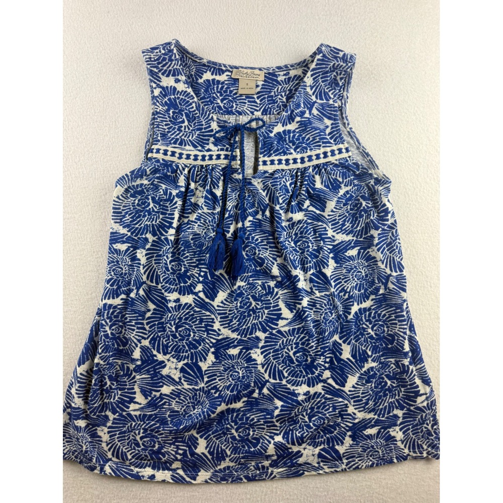 Lucky Brand Womens Blue White Floral Medallion Tassel Boho Tank Top Small